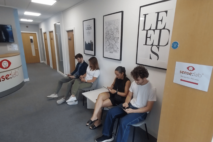 Participants in the waiting room in the Sense:lab sensory testing facility